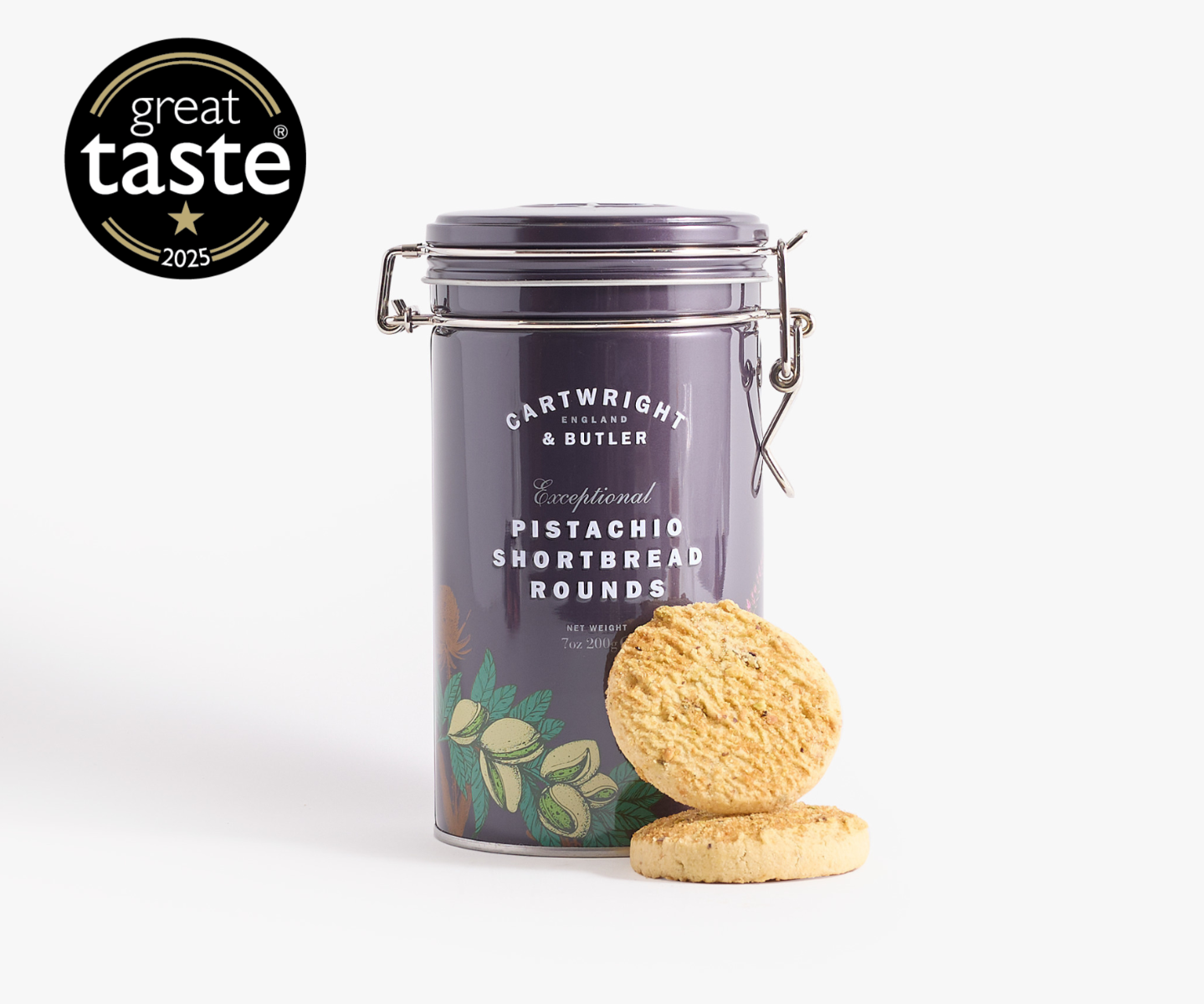 Pistachio shortbread Rounds in tin